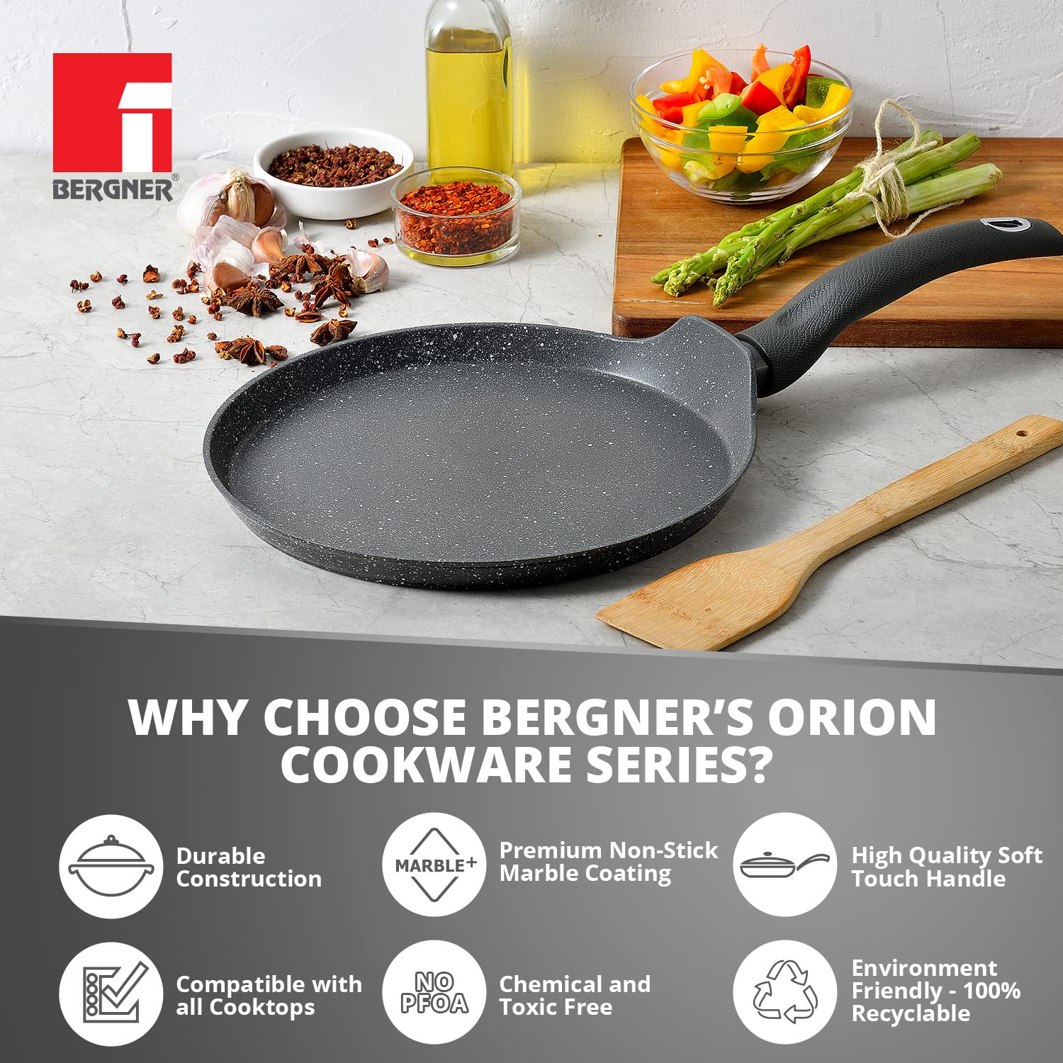 Bergner Orion NonStick 26 cm Tawa/ Dosa Pan, 100% Recyclable, For Low Oil Paratha/Dosa/Uttapam/Pancake/ Crepe/Eggs/Toasts, Textured Soft Touch Handle, Granite Finish, Induction & Gas ready, 1-Year Warranty