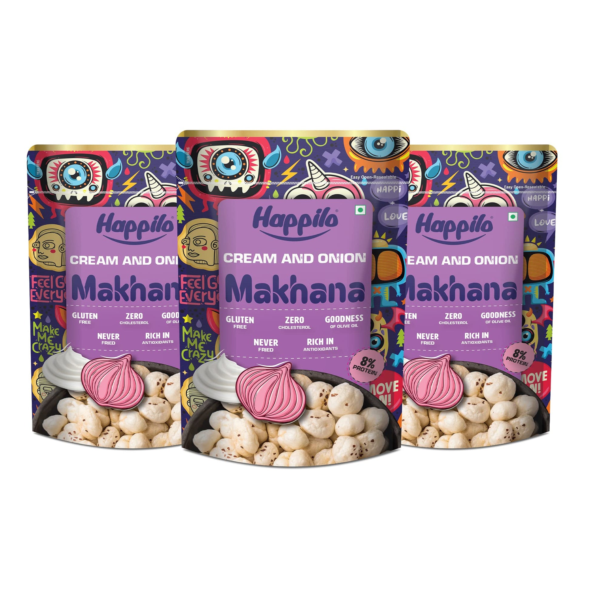 Happilo Premium Super Snack Makhana Cream & Onion 60g (Pack Of 3), Roasted Foxnut Healthy Snack Low Calorie Gluten Free and Vegan