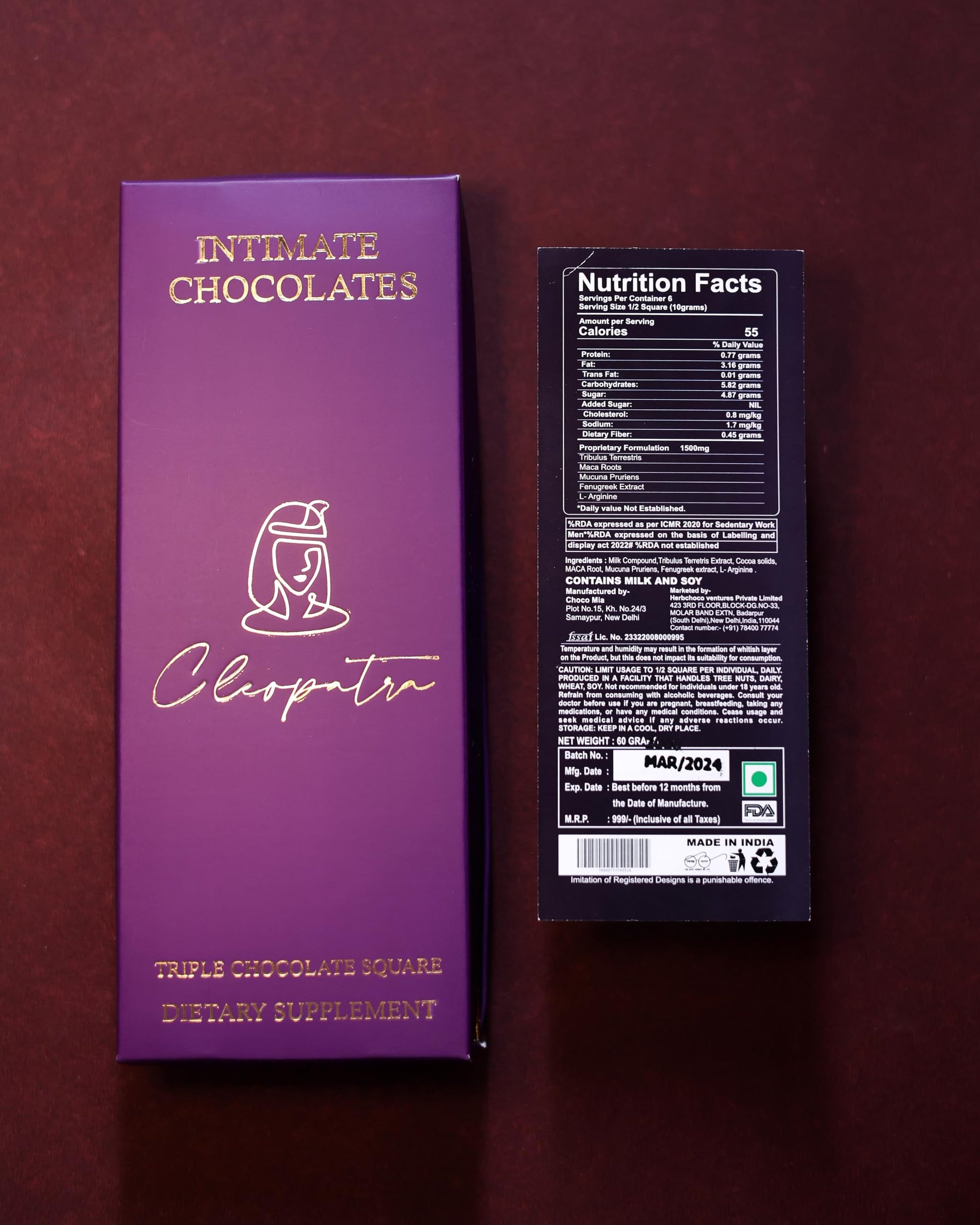 Cleopatra Chocolate Bars For Couples Uplifting Mood, Vitality, More Desire & Enjoyment Best Gift Set Ideal For Men & Women, Vegetarian And Gluten-Free (Pack of 1), 60 gram