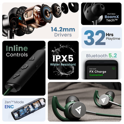 Boult Audio FXCharge Wireless in Ear Bluetooth Neckband with ENC Mic, 32H Playtime, Type-C Fast Charging (5Mins=7.5Hrs Playtime), Dual Pairing, Made in India, Biggest 14.2mm Drivers Ear Phones (Black)