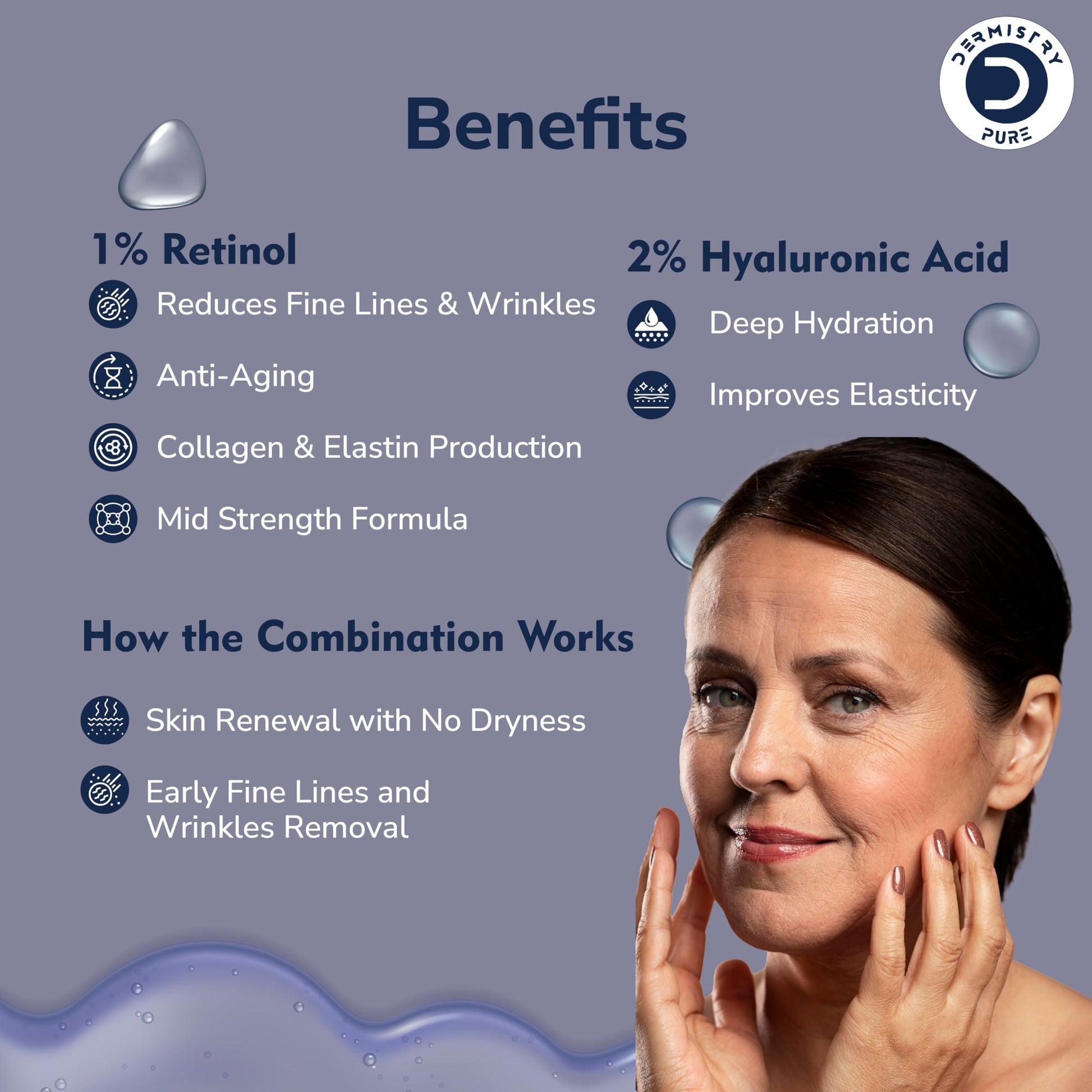 Dermistry Pure 1% Retinol 2% Hyaluronic Acid Anti Aging Skin Firming Tightening Moisturizer Face Serum Removes Ageing Fine Lines Wrinkles Deep Hydration Collagen Boost Improves Elasticity 30ml