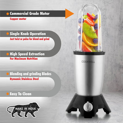Cookwell Bullet Mixer Grinder (3 Jar, 2 Blade, Silver) - Copper, 600 Watts - 2 Year Warranty