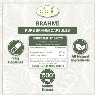 Biotic Brahmi Capsules - Bacopa Monnieri Extract 500mg - 60 Veg Capsules