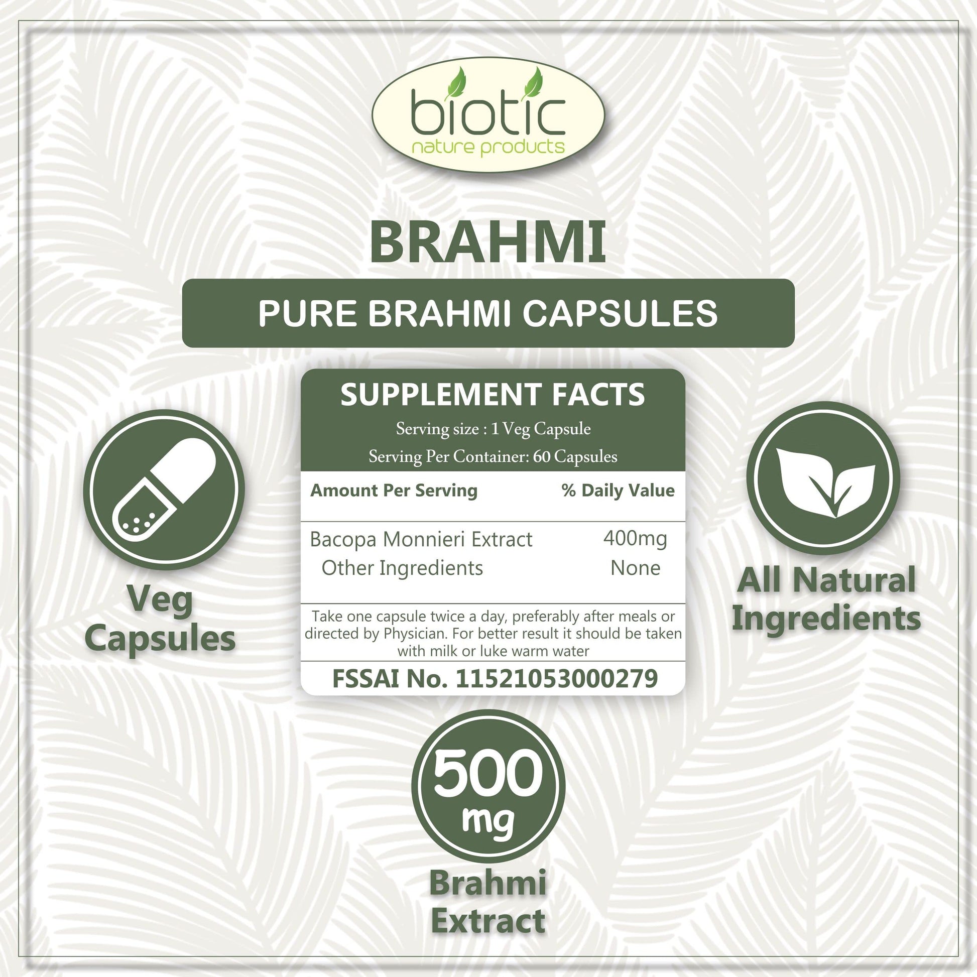 Biotic Brahmi Capsules - Bacopa Monnieri Extract 500mg - 60 Veg Capsules
