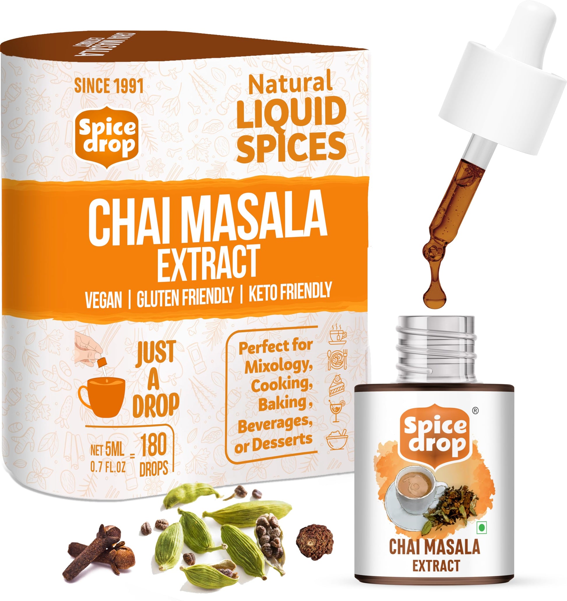 Spice Drop Chai Masala Extract | Tea Masala Drops |Authentic Indian Recipe| No preservative | 5 ML (180 Drops)| 1 drop per cup | 1 bottle 180 cups| Flavors 180 cups | 5ML equals 125 grams of powder