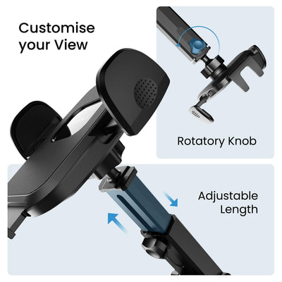 Ambrane Car Mobile Holder with Adjustable Side Arm for Smartphones, Mobile Holder Mount for Dashboard 360° Rotational, Strong Suction Cup, Compatible with 4 to 7-inch Devices (Grip Stand)