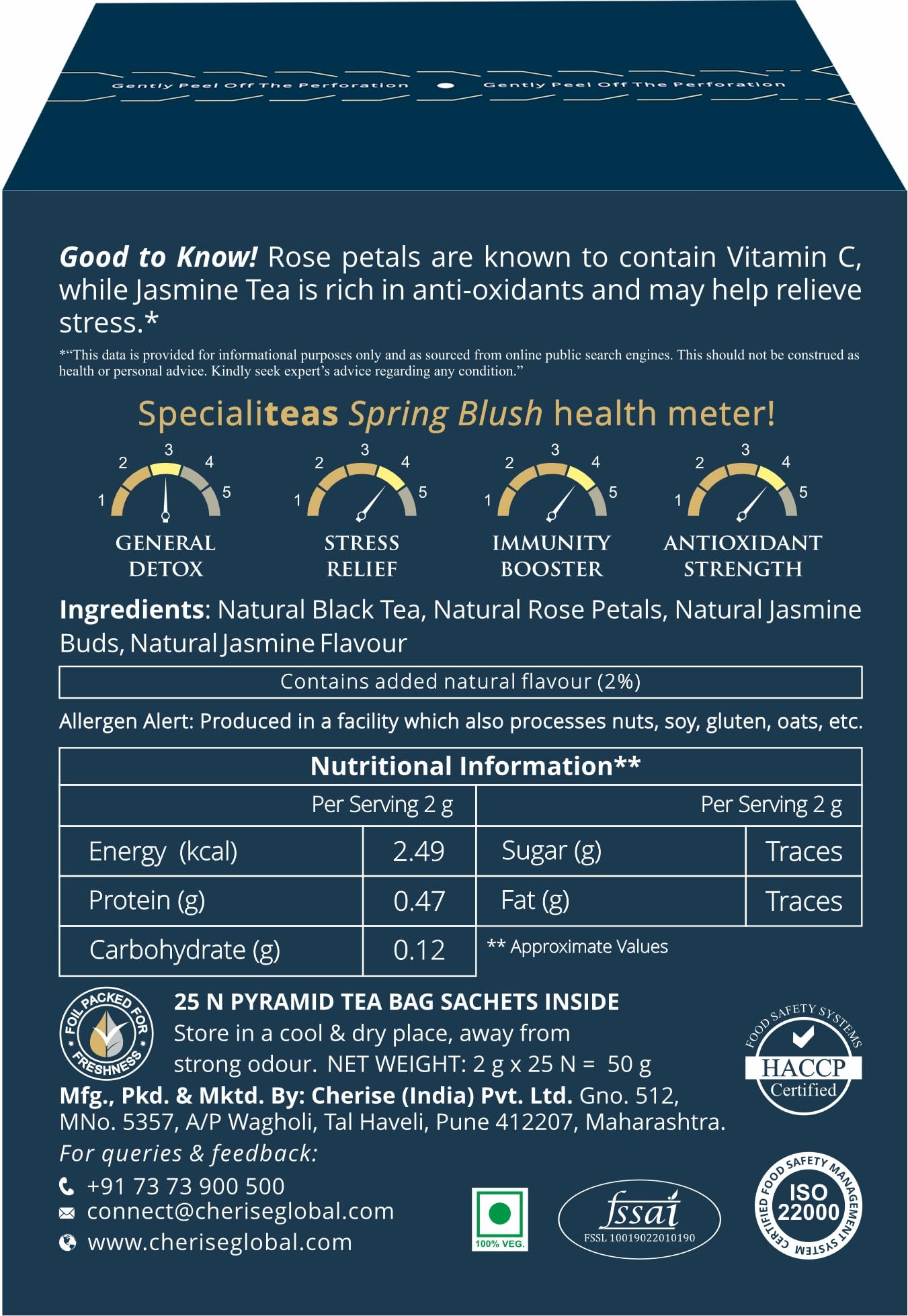 Cherise Specialiteas Spring Blush Rose Jasmine Herbal Black Tea (2 g x 25 Pyramid Tea Bags)