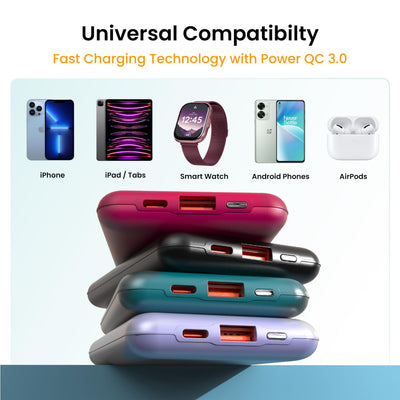 Ambrane 10000mAh Slimmest & Compact (Pocket/Bag Friendly) Powerbank, 22.5W Fast Charging, USB & Type C Output, Power Delivery, Quick Charge for iPhone, Android & Other Devices (Powerlit, Maroon)