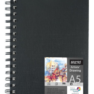 BRUSTRO Graphite Pencil set of 5 (2B, 4B, 6B, 8B, 10B) with Artists Sketch Book Wiro Bound A5 Size (14.8 CM x 21 CM), 116 Pages,160 GSM (Acid Free) and ECO PVC dust Free Erasers (2 Pcs)