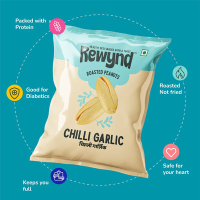 Rewynd Roasted Chilli Garlic Peanuts | 560gm (Pack of 4) | Roasted Not Fried | Guilt-free Snacking | Healthy Snack for Anytime Snacking | 100% Veg | No Added Preservatives