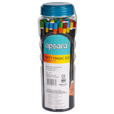 Apsara Matt Magic 2.0-50 pc jar pack - Free Sharpener & Eraser - Pack of 50 pencils