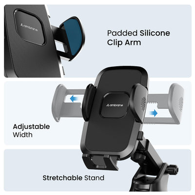 Ambrane Car Mobile Holder with Adjustable Side Arm for Smartphones, Mobile Holder Mount for Dashboard 360° Rotational, Strong Suction Cup, Compatible with 4 to 7-inch Devices (Grip Stand)