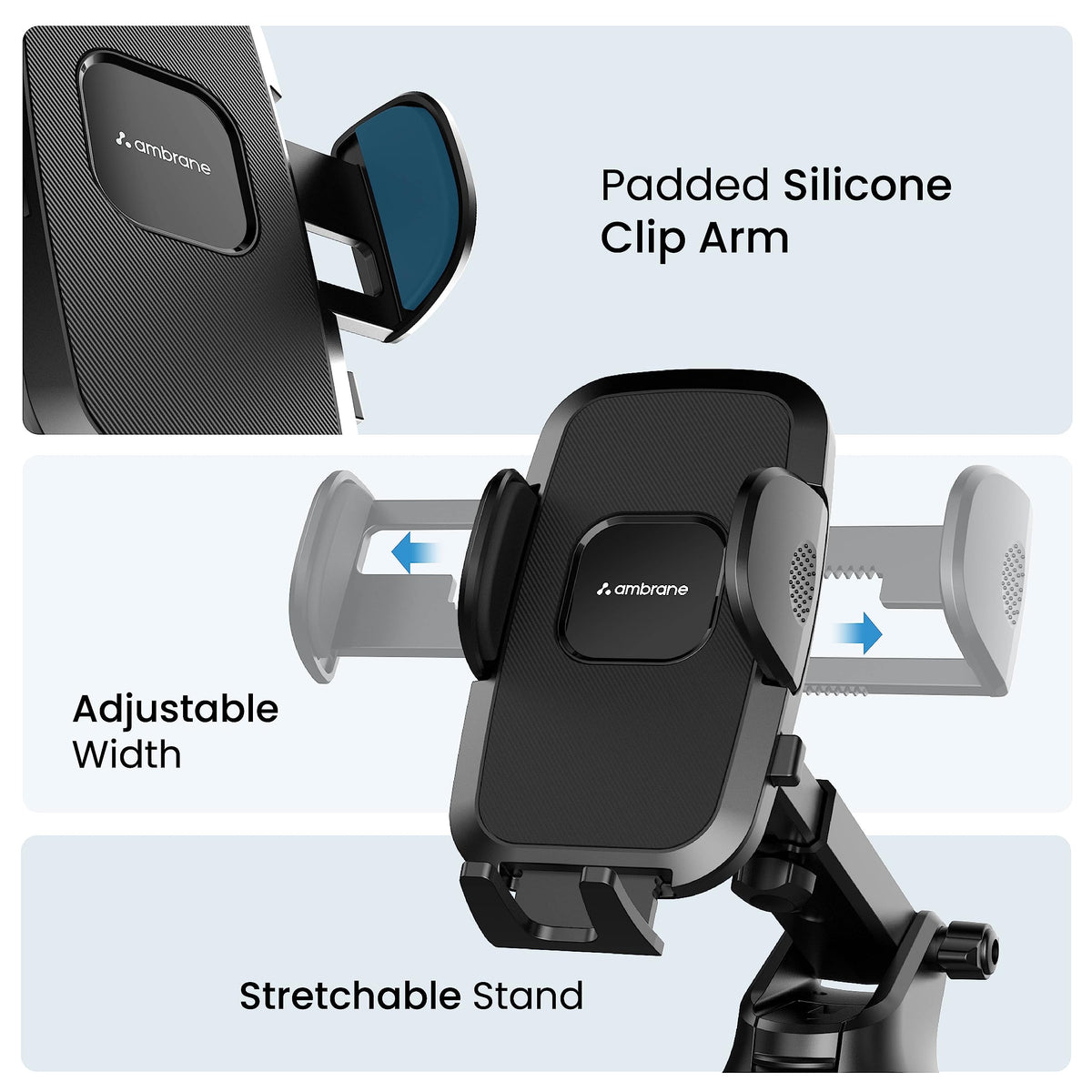 Ambrane Car Mobile Holder with Adjustable Side Arm for Smartphones, Mobile Holder Mount for Dashboard 360° Rotational, Strong Suction Cup, Compatible with 4 to 7-inch Devices (Grip Stand)