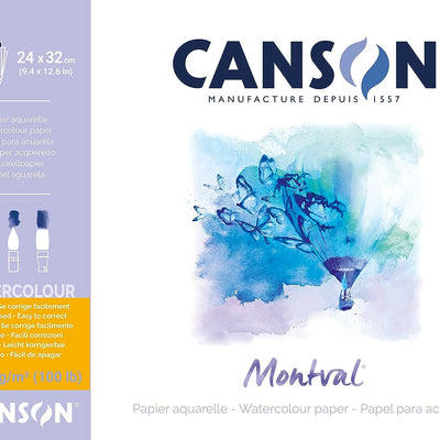 Canson Montval 24x32cm Natural White Cold Pressed 300 GSM Watercolour Paper, Long Side Glued (Pad of 100 Sheets)