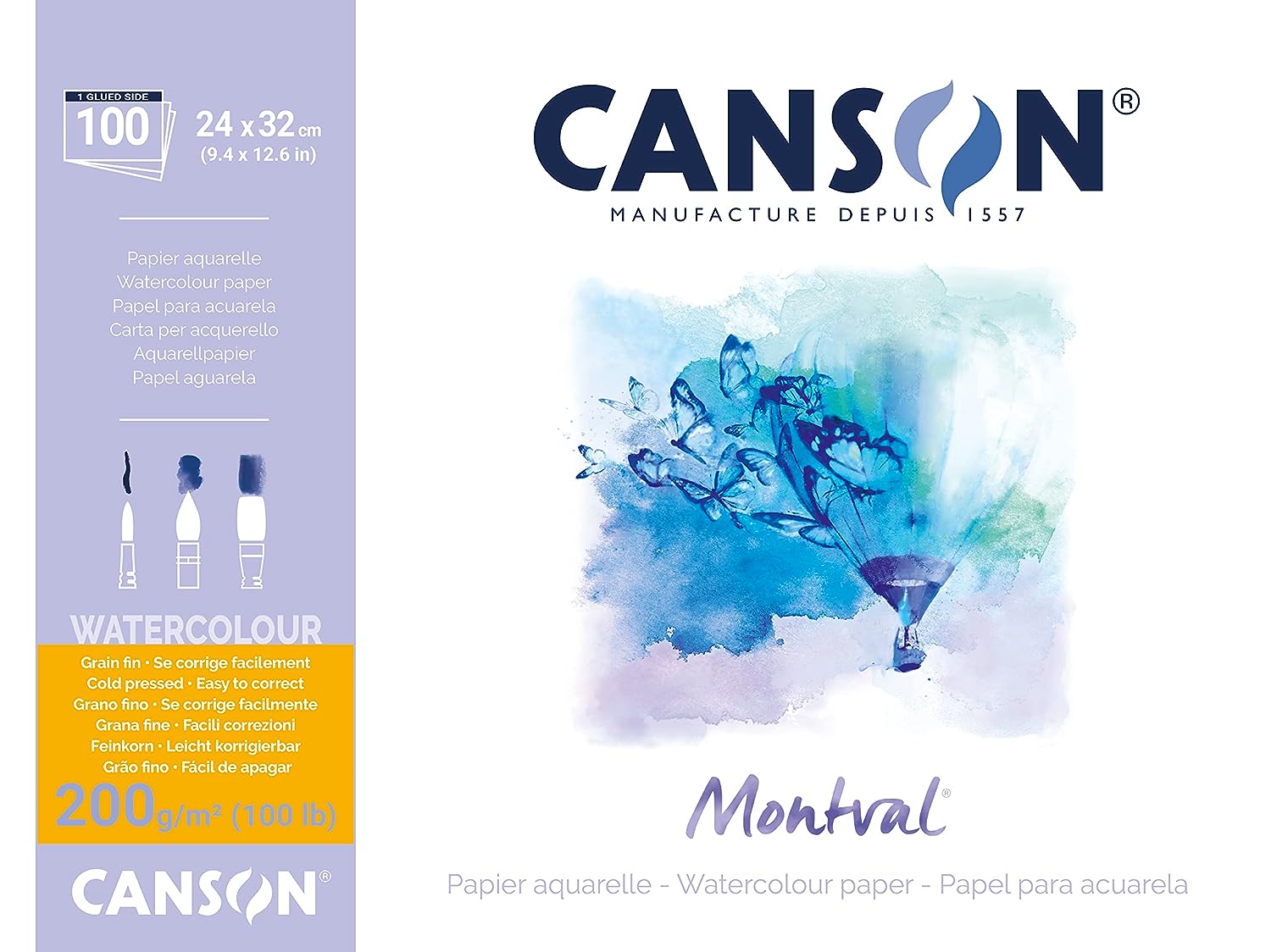 Canson Montval 24x32cm Natural White Cold Pressed 300 GSM Watercolour Paper, Long Side Glued (Pad of 100 Sheets)