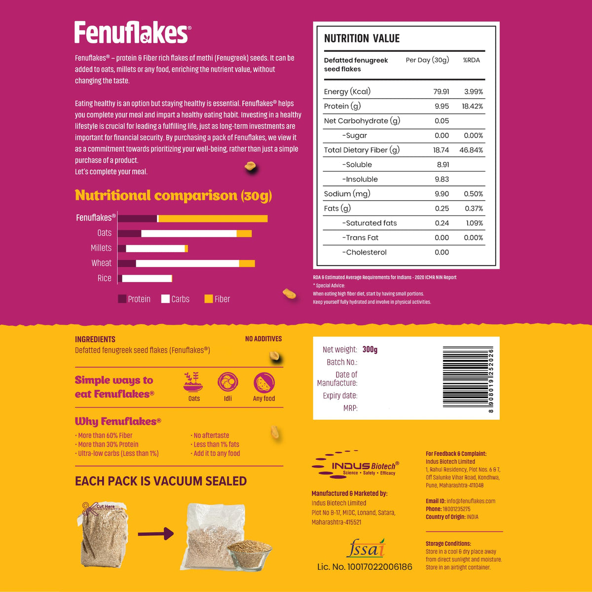 Fenuflakes 300g Fiber supplement | Bloating,acidity,&constipation relief |High Protein|Prebiotic fiber| low carbs |Aids in managing blood sugar levels |Neutral in taste |Add to any food| 30 servings.
