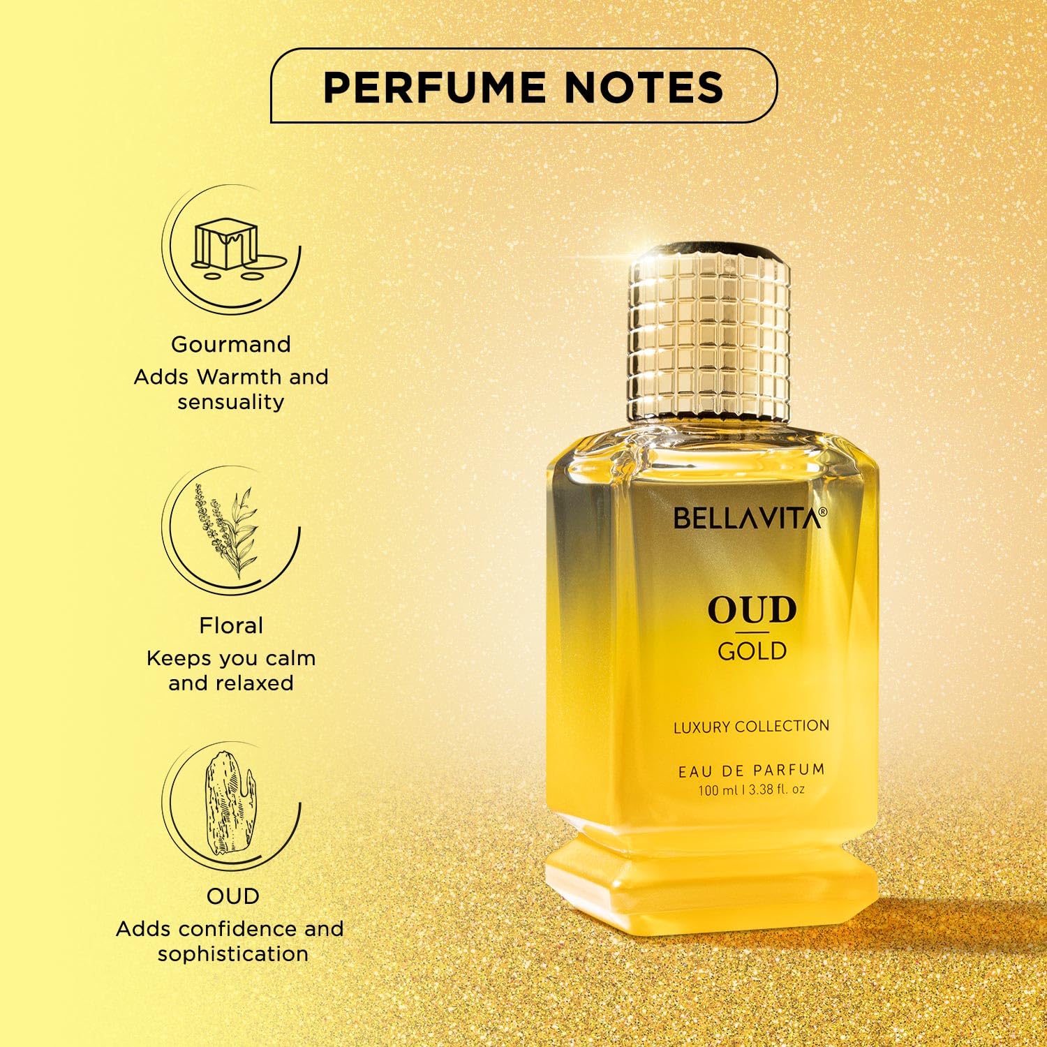 Bella Vita Luxury OUD GOLD Eau De Parfum Intense Perfume with Caramel, Rose, Vanilla,Sandalwood|Premium, Long Lasting Oriental Fragrance for Men 100ML