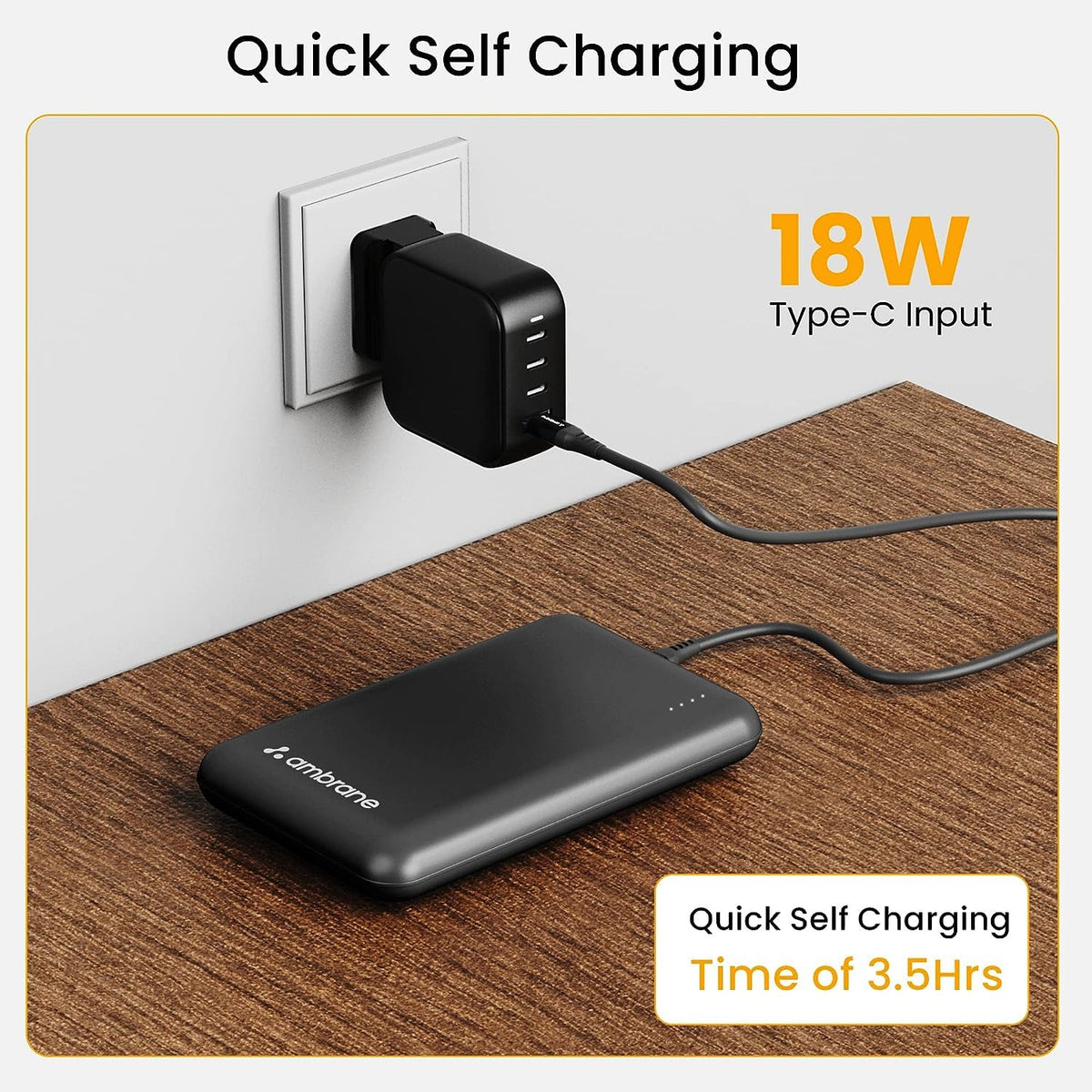 Ambrane 10000mAh Slimmest & Compact (Pocket/Bag Friendly) Powerbank, 22.5W Fast Charging, USB & Type C Output, Power Delivery, Quick Charge for iPhone, Android & Other Devices (Powerlit, Black)