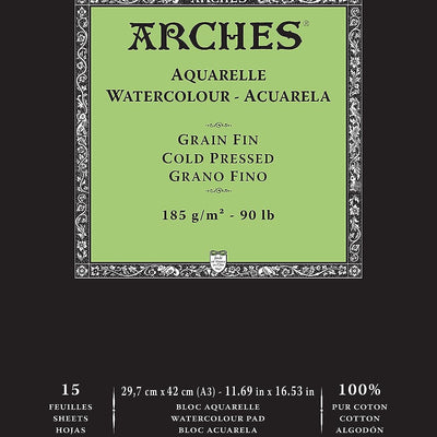 Arches Watercolour 185 GSM Cold Pressed Natural White A3 Paper Pad, 15 Sheets