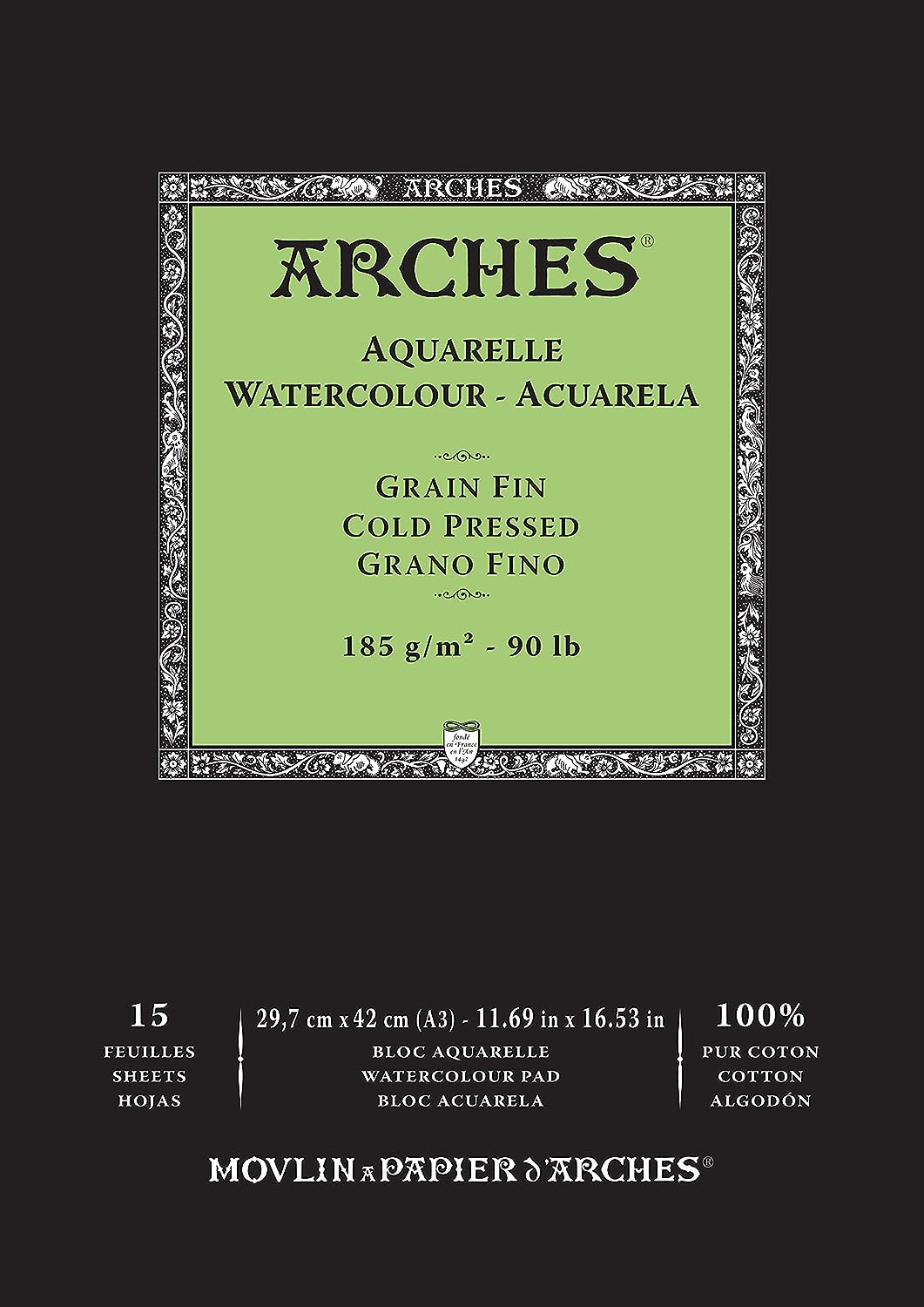 Arches Watercolour 185 GSM Cold Pressed Natural White A3 Paper Pad, 15 Sheets