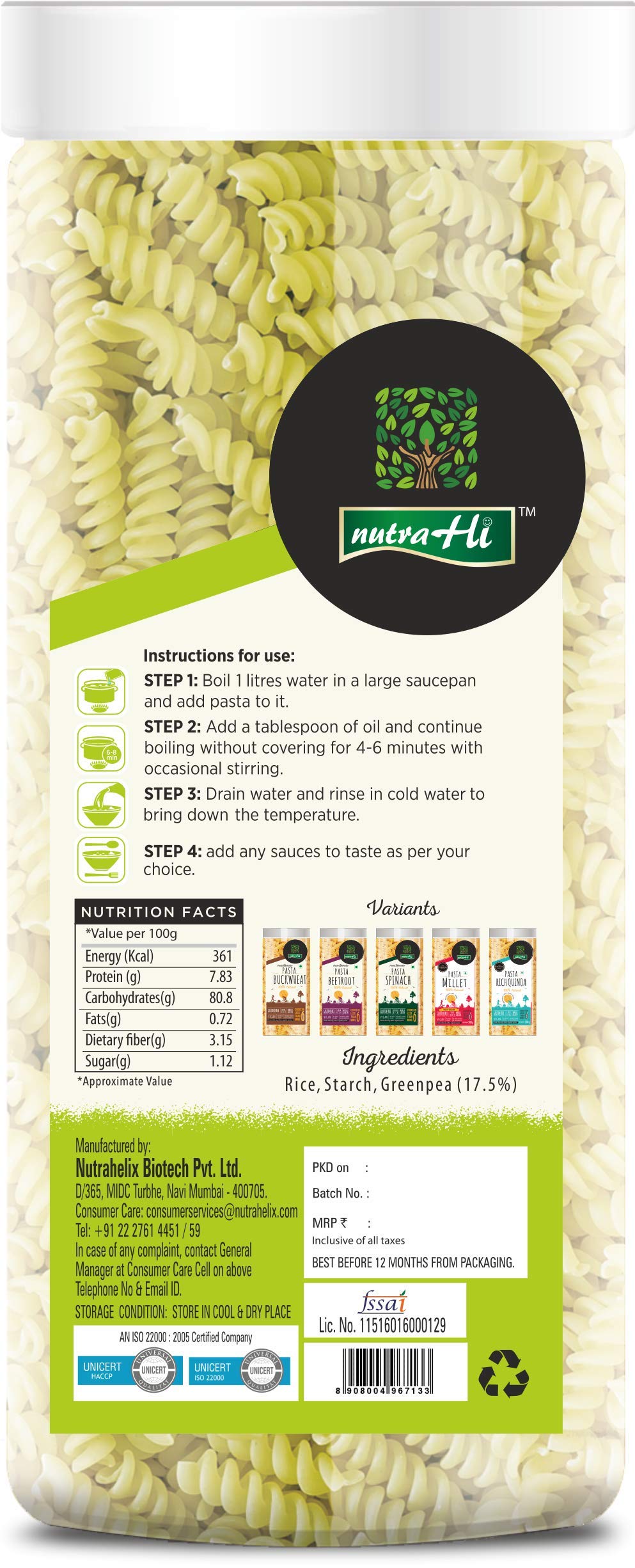 NutraHi Rich Quinoa Gluten Free Pasta + Greenpea Gluten Free Pasta 200g Each (Combo)