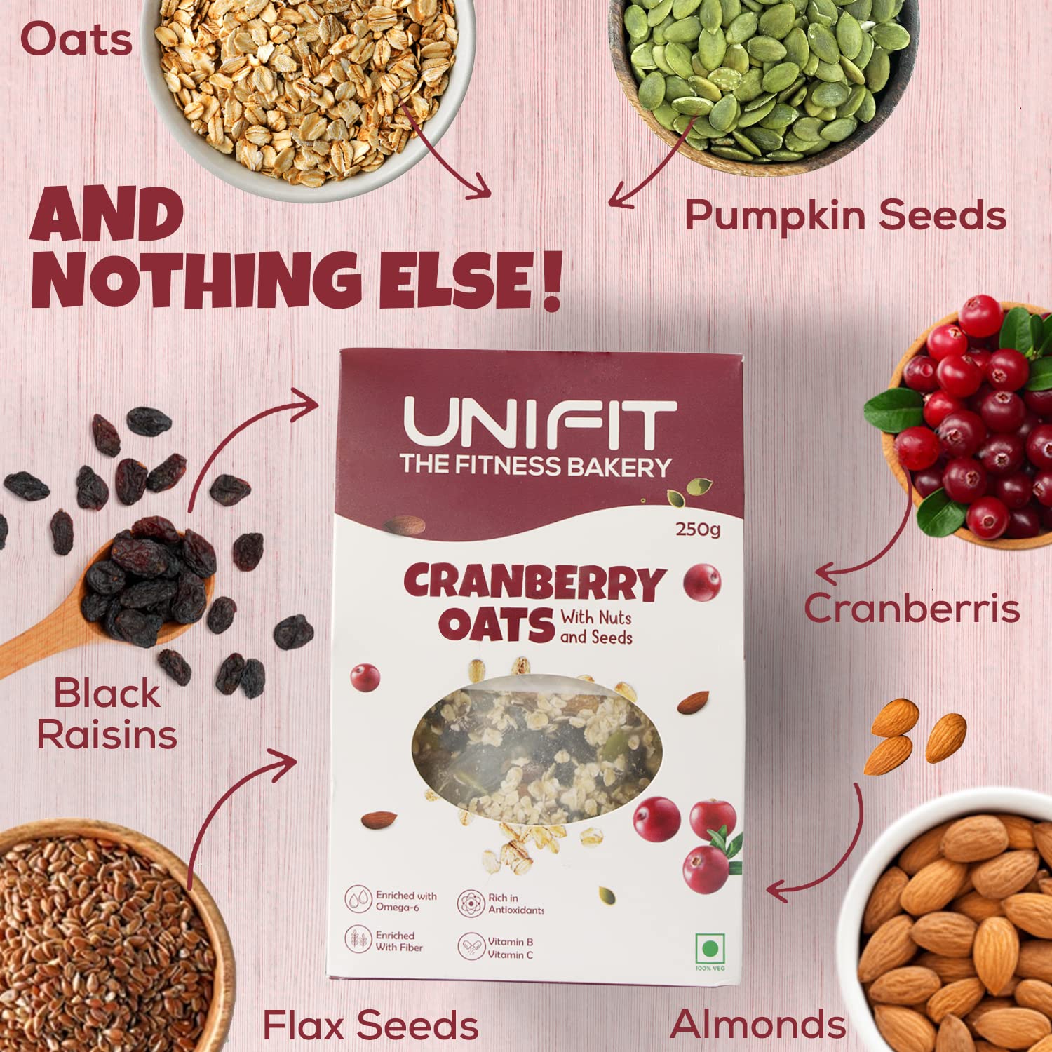 UNIFIT Instant Delicious Cranberry Oats Healthy Breakfast With Goodness of Rolled Oats Nuts, Seeds & Cranberry| High Fiber Oats| Wholegrain - Pack of 2 (250 Grams) Each