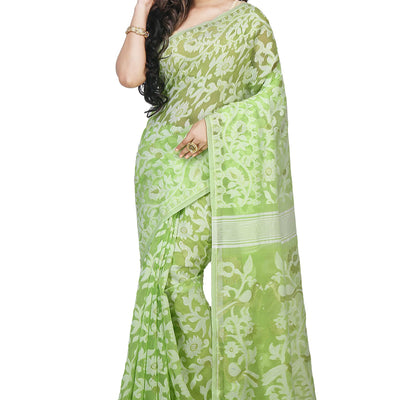 Bengal Handloom Women's Jamdani Cotton Saree Without Blouse Piece (Pakhid_Green)