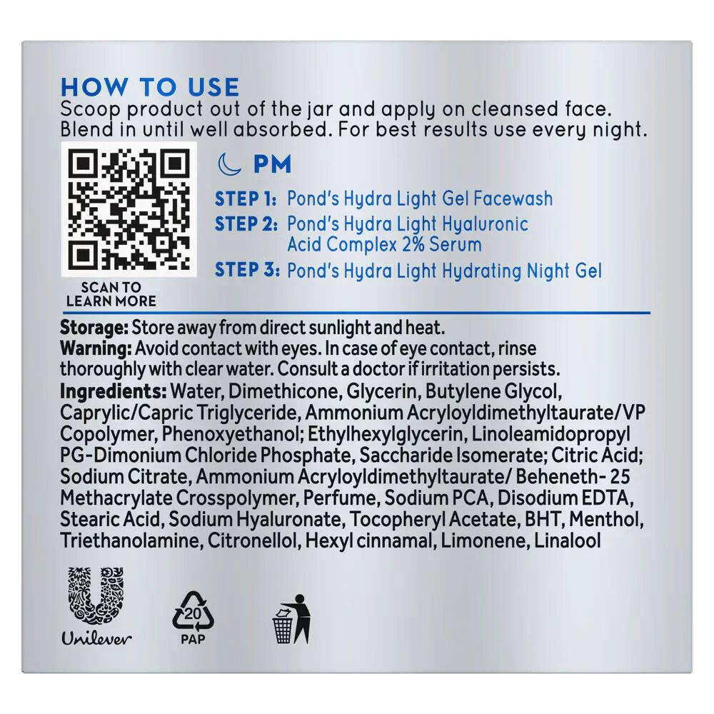 Pond's Hydra Light Hyaluronic Acid Hydrating Night Gel - 50 gm
