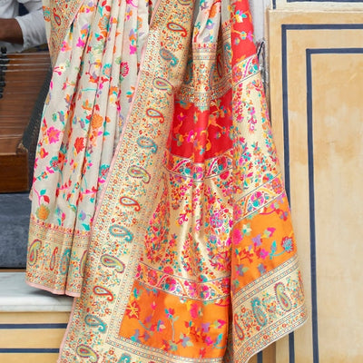 Cream-Coloured & Red Floral Silk Blend Saree