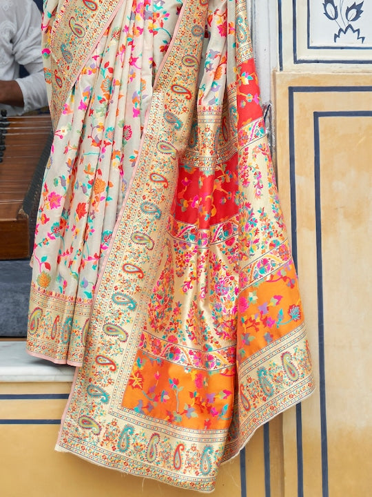 Cream-Coloured & Red Floral Silk Blend Saree