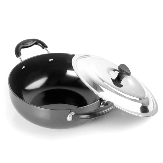 Classy Hard Anodised Kadhai with Lid, 2.5 Litres, Gas Stove Compatible