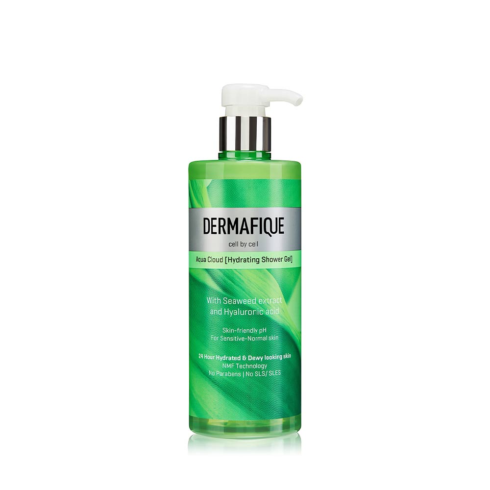 Dermafique Aqua Cloud Hydrating Shower Gel, for Sensitive-Normal skin, 24 Hour Hydrated & Dewy looking skin; Seaweed extract & Hyaluronic Acid; No Paraben, No SLS/SLES; 500 ml