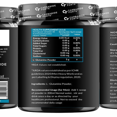 Carbamide Forte L Glutamine Powder 5000mg | L Glutamine Supplement for Men | Post Workout Muscle Recovery Supplements for Men - Unflavoured - 250 grams