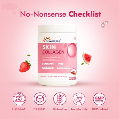 DR. Morepen Skin Collagen Powder with Glutathione, Hyaluronic Acid, Resveratrol &amp; Biotin Strawberry Watermelon Flavour