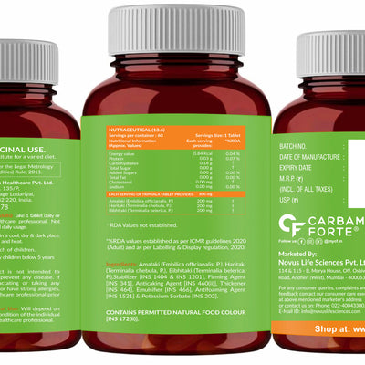 Carbamide Forte Organic Triphala Powder Tablets | 100% Natural 600mg Triphala Churna Powder Organic Tablets support Healthy Digestion, Improve Gut Health & Relieve Constipation | 60 Tablets