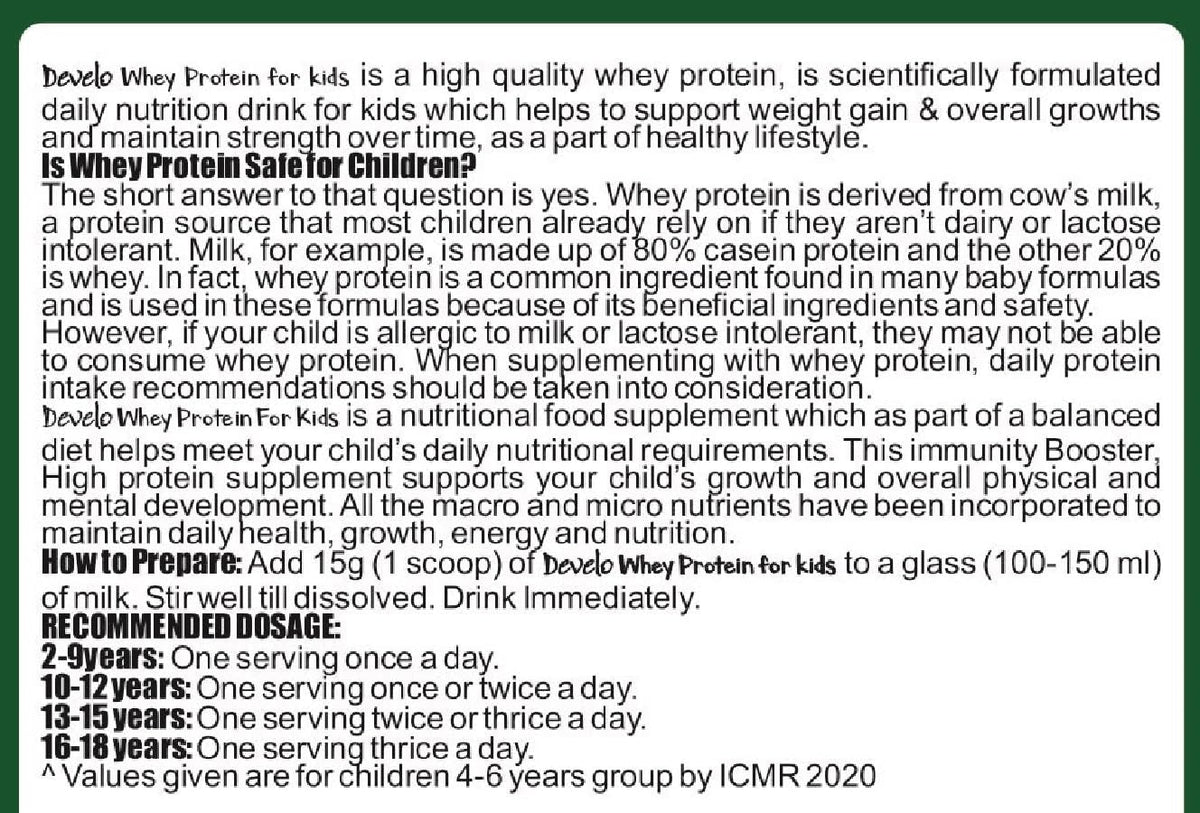 Develo Whey Protein Powder for Little Kids (2-12 years) & Teenager Children, Boys & Girls - 500g Chocolate Flavour