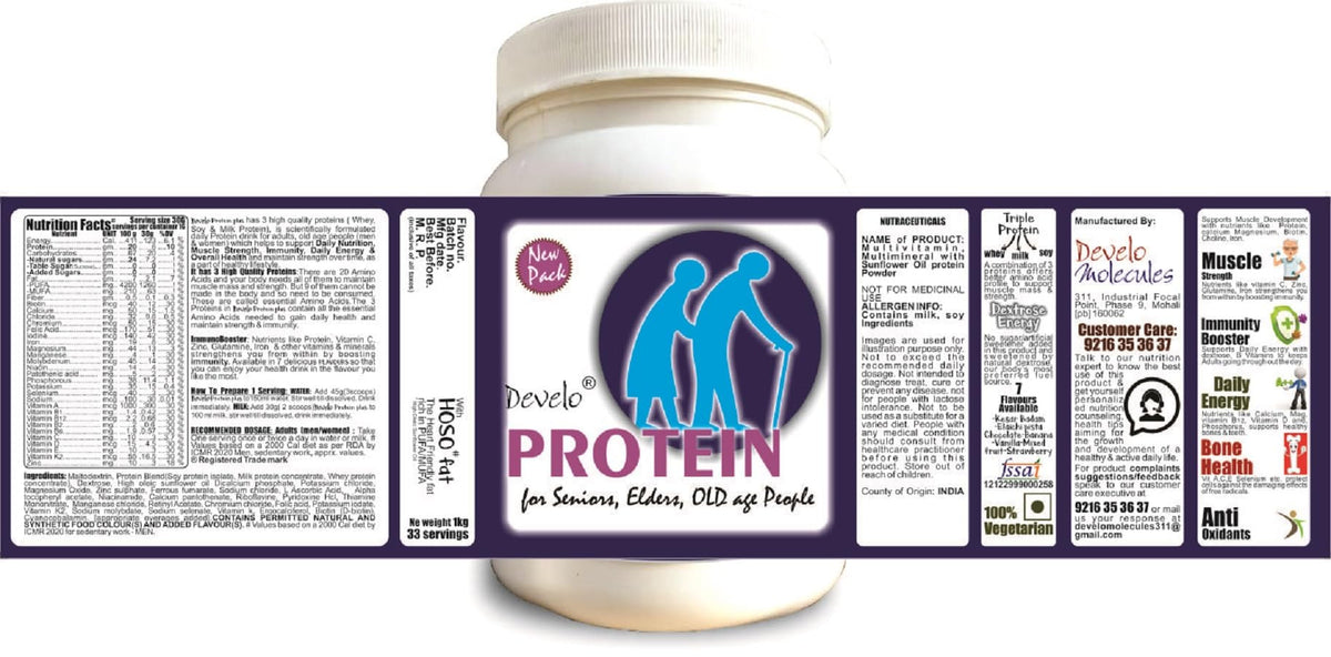 Develo Protein Powder (Whey soy, Plant & Milk Based) for Seniors, Elderly & Old Age People, Men & Women – 1kg Vanilla Flavour