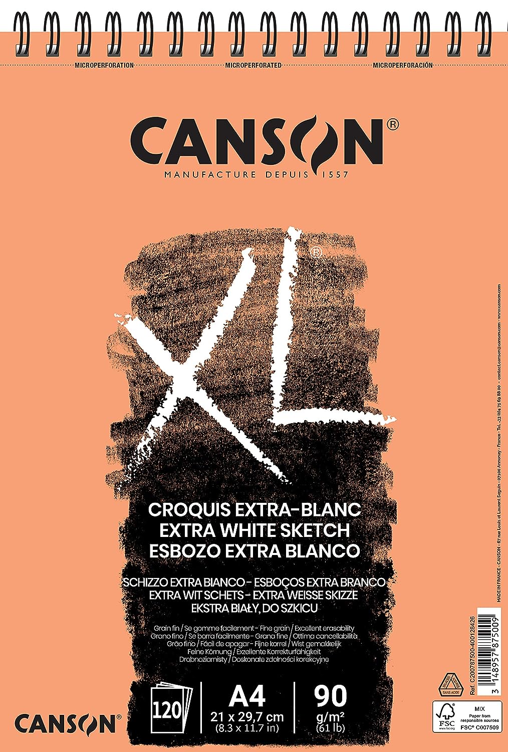 Canson XL Extra-Blanc 90 GSM Fine Grain A4 Paper Spiral Pad(Pure White, 120 Sheets)