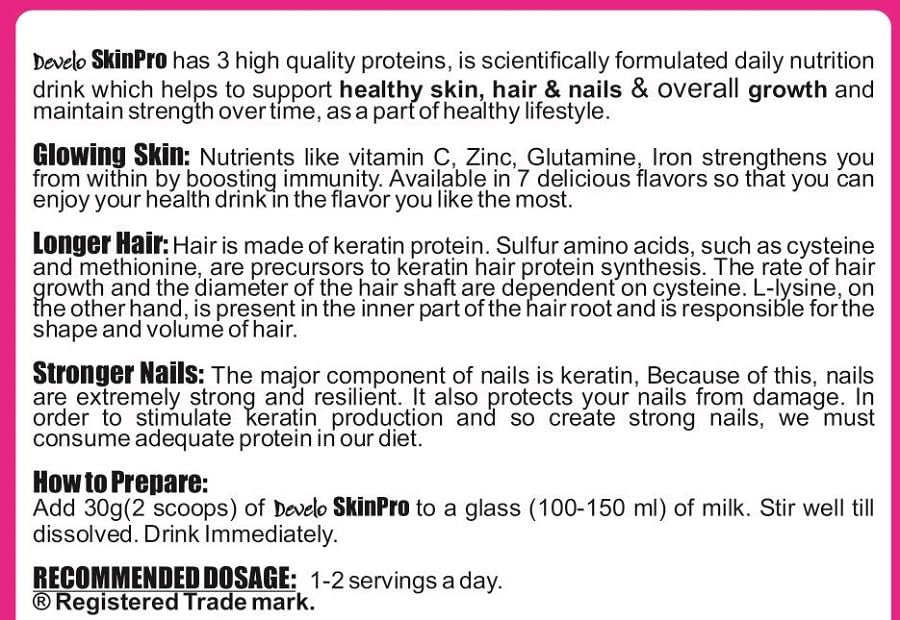 Develo Skin & Hair Nutritional Protein Supplement Powder for Healthy Hair, Glowing Skin & Nails - Enriched with Biotin, Hyaluronic Acid for Men & Women - 500g Vanilla