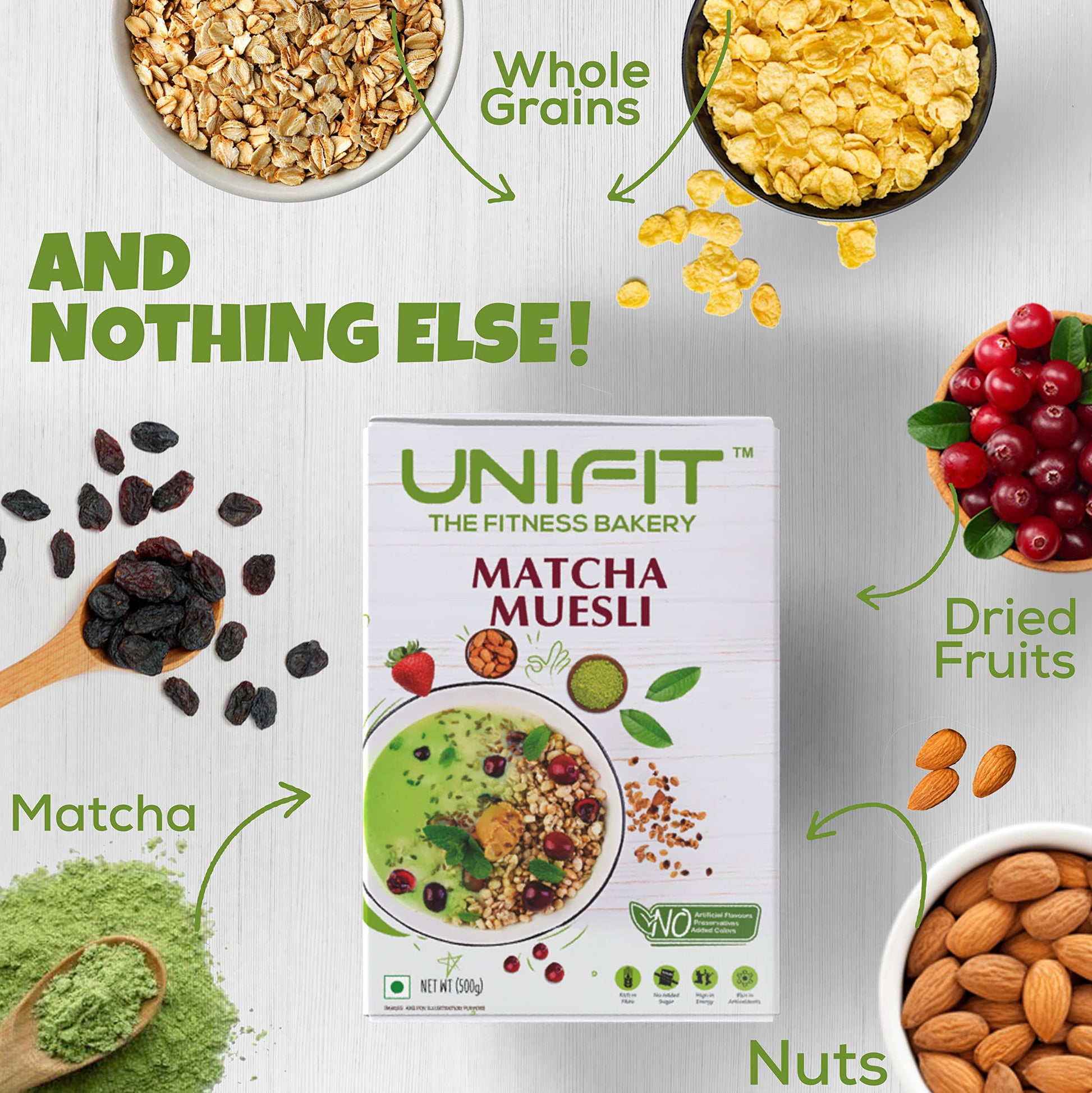 UNIFIT Muesli Cereal for Breakfast | Matcha Powder | Healthy Breakfast Cereals | High Protein Cereal Oats | Instant & Crunchy | Ready to Eat | With Goodness of Cranberries & Almonds | 500g