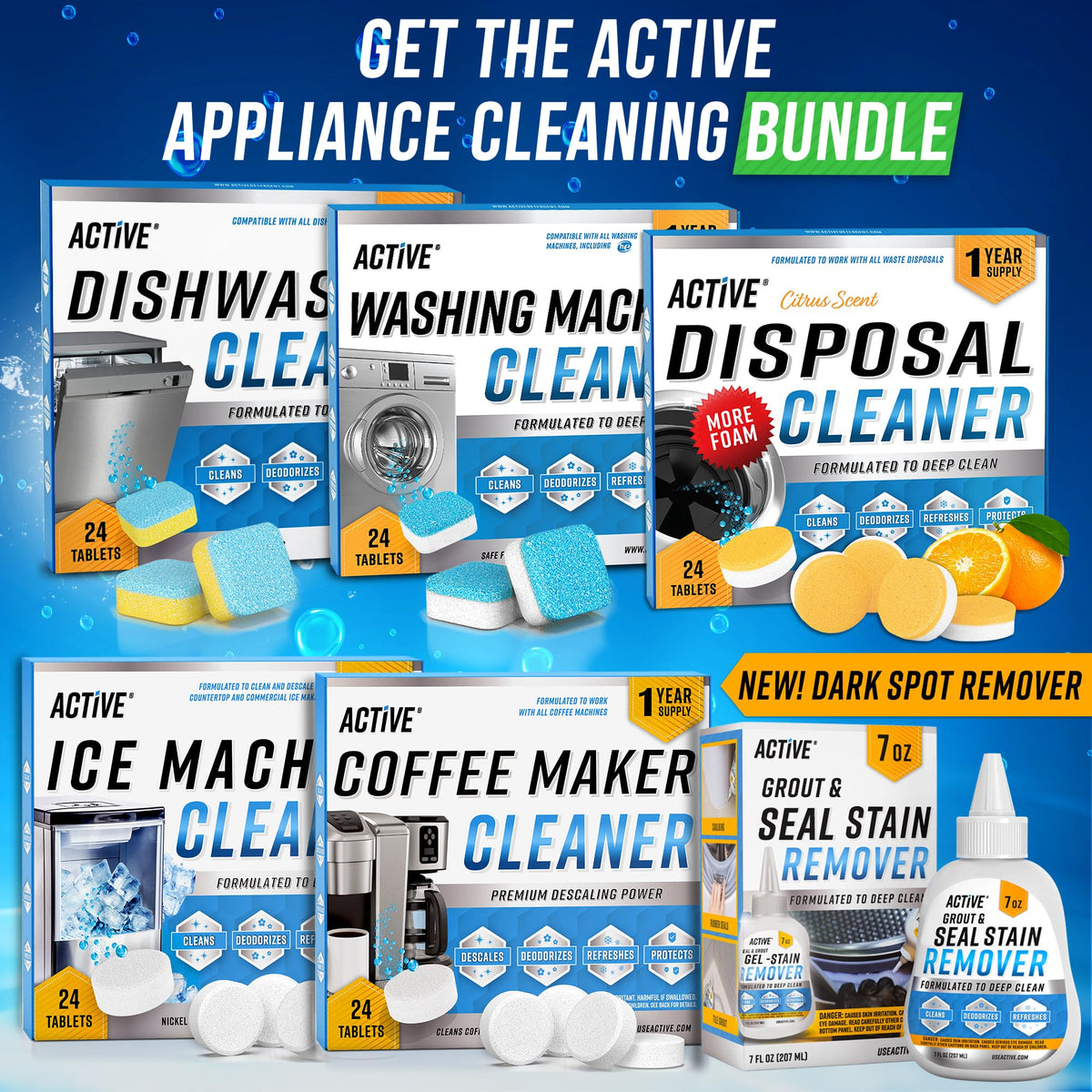 ACTIVE Washing Machine Cleaner Descaler 24 Pack - Deep Cleaning Tablets For HE Front Loader & Top Load Washer, Clean Inside Drum And Laundry Tub Seal (Washing Machine Cleaner Tablets - 24 Pack)
