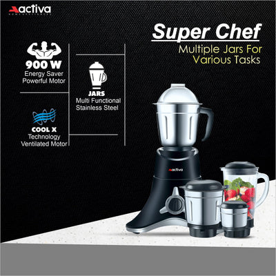 ACTIVA ABS Super Chef 900 Watts Powerful Motor Mixer Grinder With 4 Jars | 2 Years Motor, Black