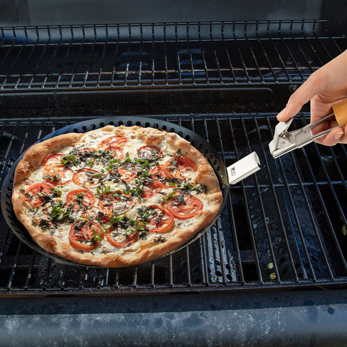 Camerons Products Non-Stick Pizza Grilling Pan with Holes, Extra High Walls & Removable Handle - Use for Vegetables, Seafood, Shish Kebab.