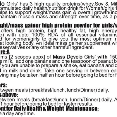 Develo Weight Mass Gainer Protein Shake for Fast Gain in women girls, Nutrition Food Supplement, with Natural Fat Energy 27 Vitamins & Minerals - 500 g Powder Kesar Badam Flavour