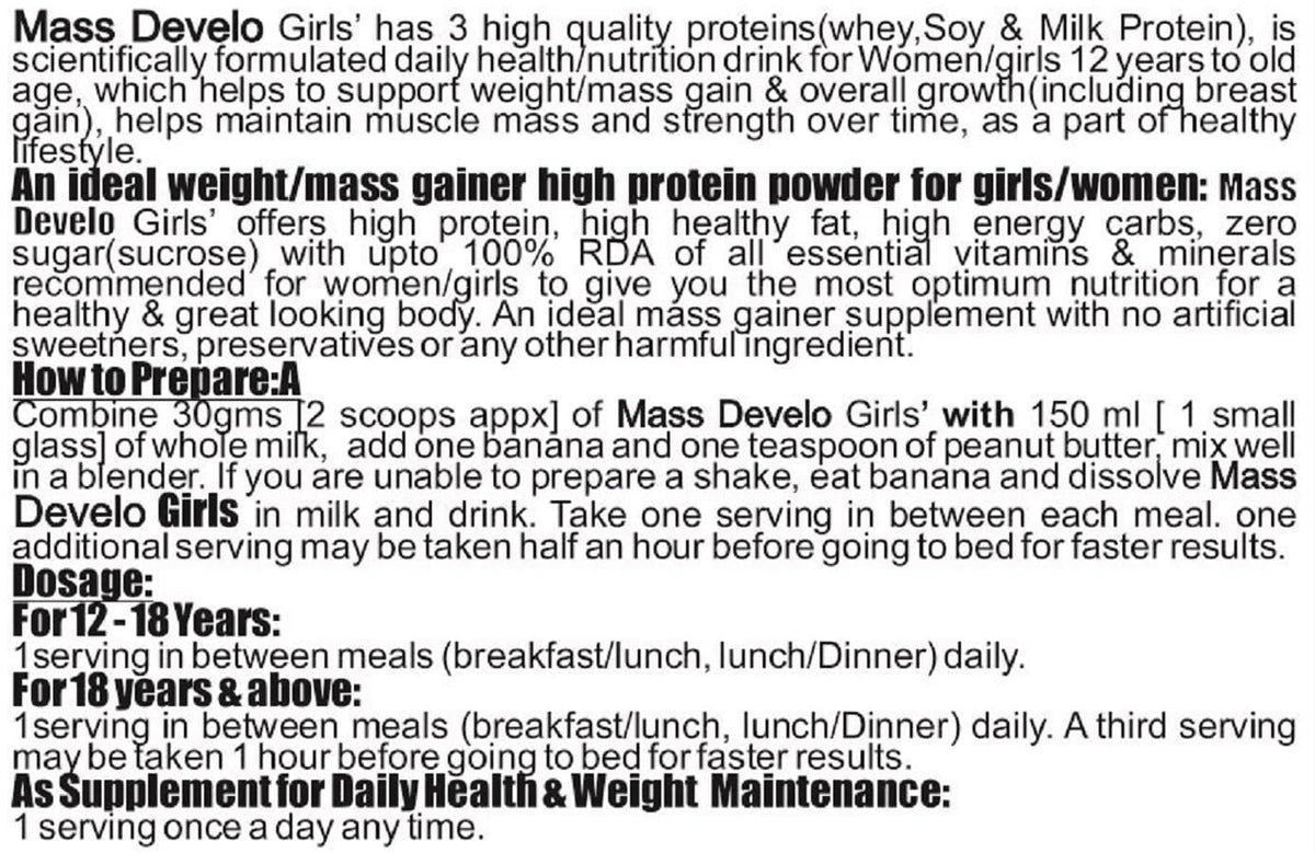 Develo Weight Mass Gainer Protein Shake for Fast Gain in women girls, Nutrition Food Supplement, with Natural Fat Energy 27 Vitamins & Minerals - 500 g Powder Kesar Badam Flavour