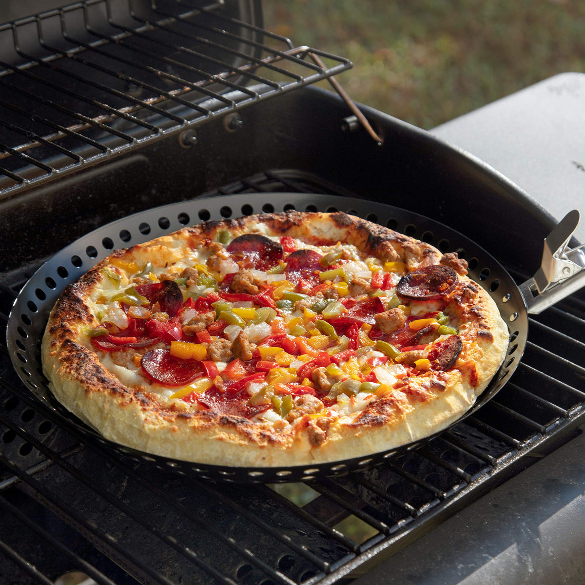 Camerons Products Non-Stick Pizza Grilling Pan with Holes, Extra High Walls & Removable Handle - Use for Vegetables, Seafood, Shish Kebab.