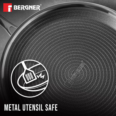 Bergner Hitech Triply Non-Stick 32 cm Dosa Tawa, Tawa for Dosas with Non-Stick Mesh Pattern, Rivetless Handle, Metal Spatula Friendly, Even Heat Distribution, Induction Bottom and Gas Stove Ready