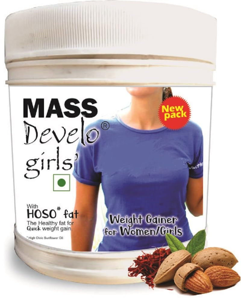 Develo Weight Mass Gainer Protein Shake for Fast Gain in women girls, Nutrition Food Supplement, with Natural Fat Energy 27 Vitamins & Minerals - 500 g Powder Kesar Badam Flavour