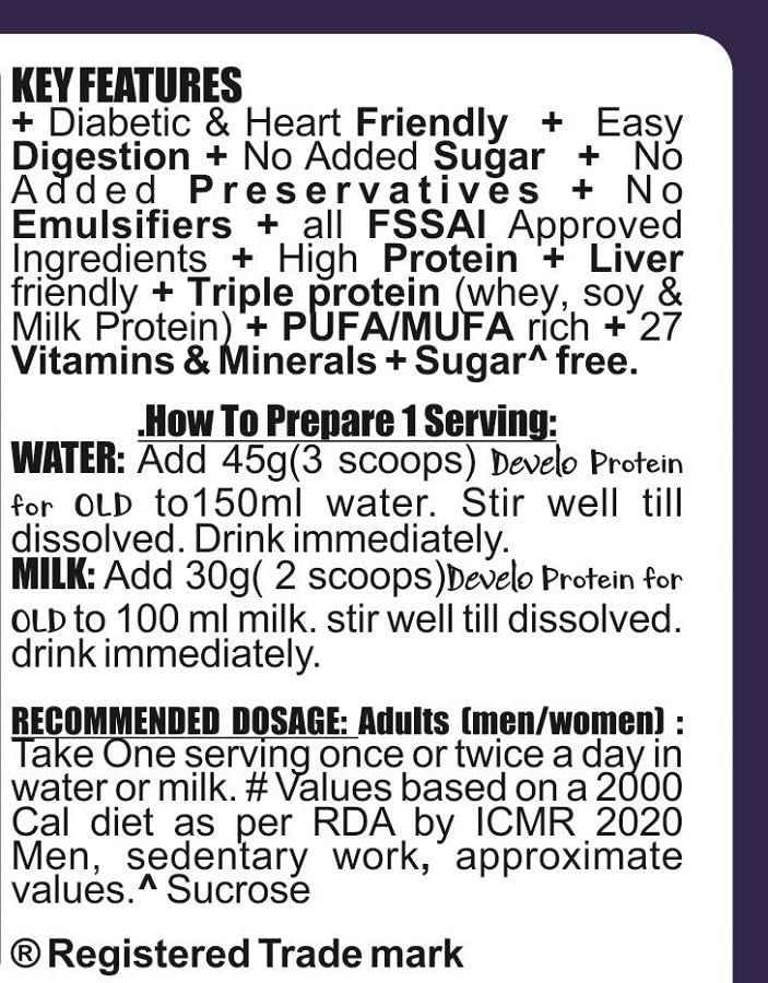 Develo Protein Powder (Whey soy, Plant & Milk Based) for Seniors, Elderly & Old Age People, Men & Women – 1kg Vanilla Flavour