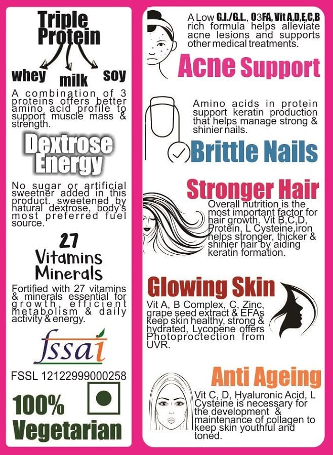 Develo Skin & Hair Nutritional Protein Supplement Powder for Healthy Hair, Glowing Skin & Nails - Enriched with Biotin, Hyaluronic Acid for Men & Women - 500g Vanilla